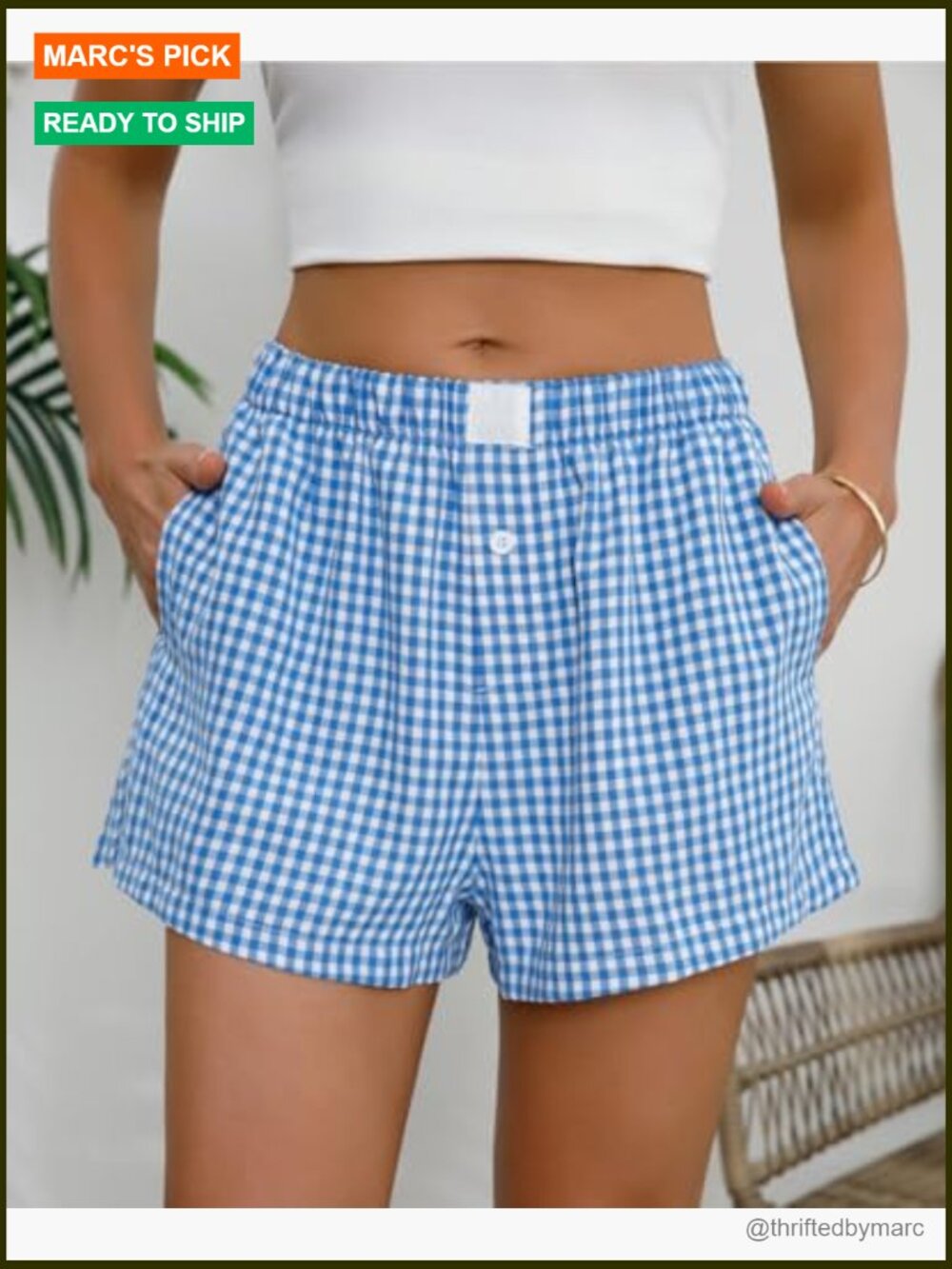 Women's Cotton Boxer Shorts with Pockets, Loose Fit, Gingham Plaid - Picture 3 of 4
